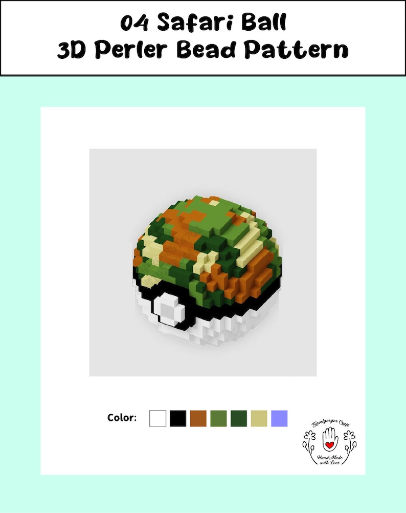 May include: A 3D perler bead pattern of a safari ball. The ball is green, orange, and white with a black and white design on the bottom. The pattern is made with perler beads and is ready to be ironed.