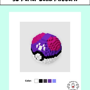 May include: A 3D perler bead pattern of a Master Ball, a red and white sphere with a black and white circle and a purple star design. The pattern uses white, black, dark grey, purple, and light blue beads.