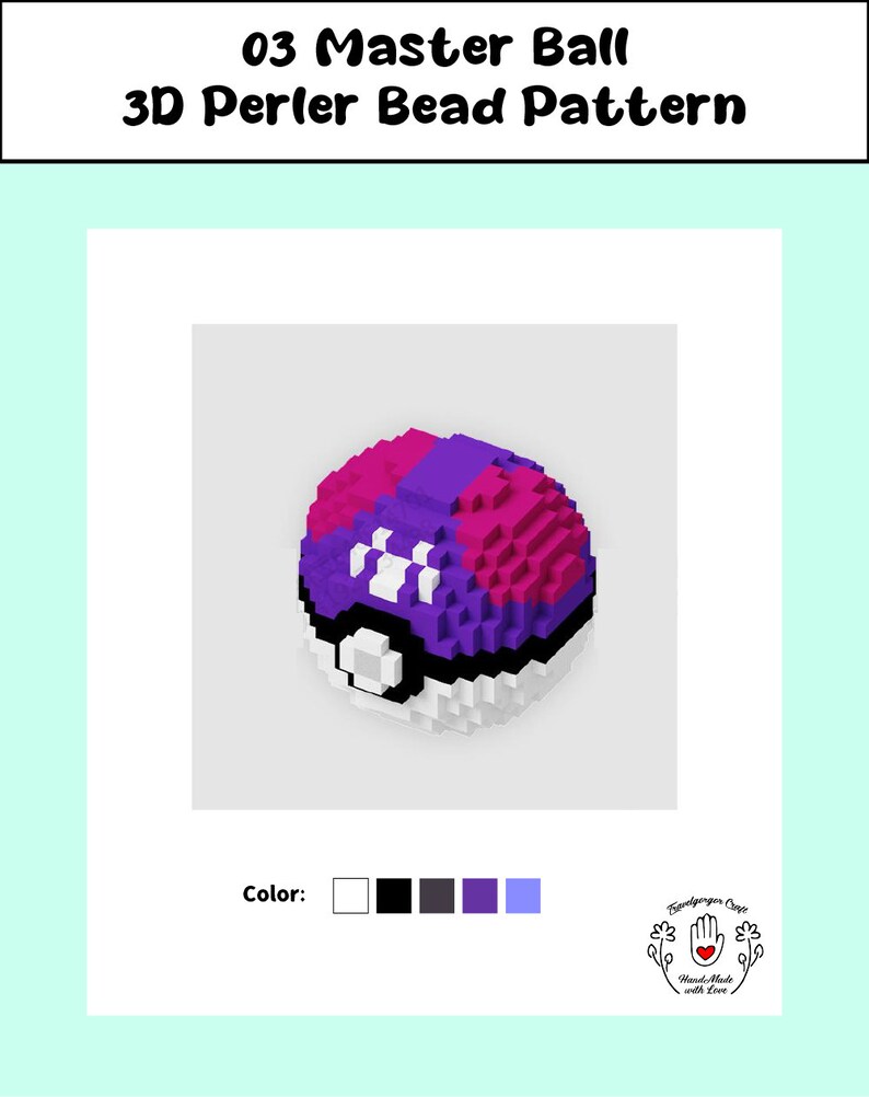 May include: A 3D perler bead pattern of a Master Ball, a red and white sphere with a black and white circle and a purple star design. The pattern uses white, black, dark grey, purple, and light blue beads.
