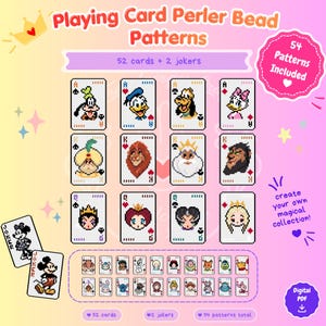 Puede incluir: Una colección digital en PDF de 54 patrones de cuentas Perler de estilo pixel art para cartas de juego con varios personajes de dibujos animados. El set incluye 52 cartas y 2 comodines, con el texto Playing Card Perler Bead Patterns.