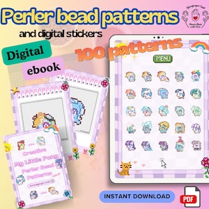 Peut inclure: Un ebook numérique avec des motifs de perles Perler et des autocollants numériques. L'image montre une tablette affichant 100 motifs, ainsi que des feuilles de motifs imprimées et une couverture qui indique "Creative My Little Pony Perler Bead Patterns". L'ebook est disponible en téléchargement instantané.