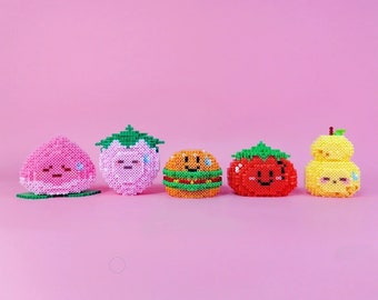 3D Perler Bead Food Patterns: Burger, Peach, Strawberry (Digital Download)