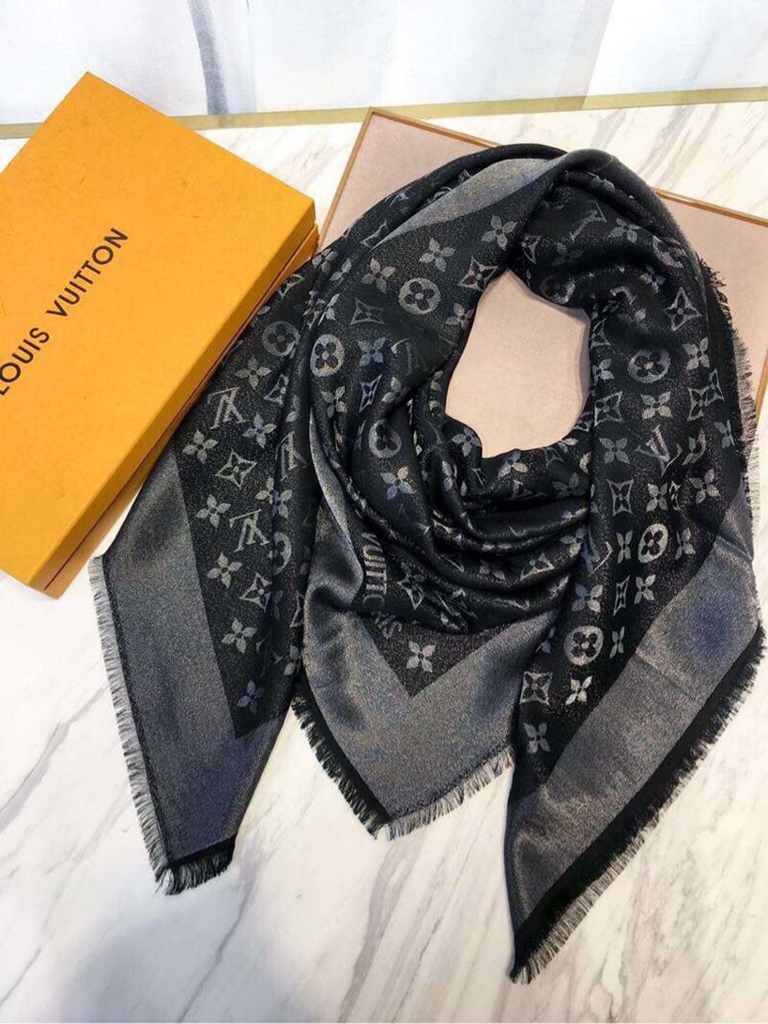 Chic outfit idea with gray Louis Vuitton monogram shine shawl
