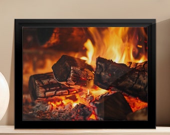 Warm and comforting wood fire poster, magnificent fireplace poster, fake fireplace, artistic frame, art painting