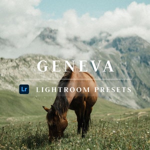 Peut inclure: Un cheval brun broute dans un champ d'herbe verte et de fleurs sauvages, avec une chaîne de montagnes en arrière-plan. Le texte "GENEVA LIGHTROOM PRESETS" est superposé à l'image.