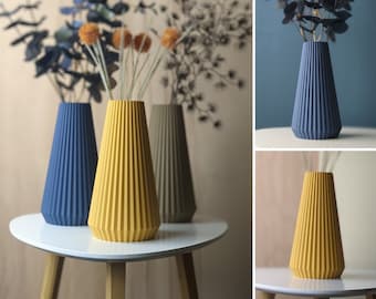 Vase "Flores" in blau, gelb und pastellbraun, Klassisch und doch modern,  22 cm groß, Super Geschenk und optimal für Trockenblumen - 0015