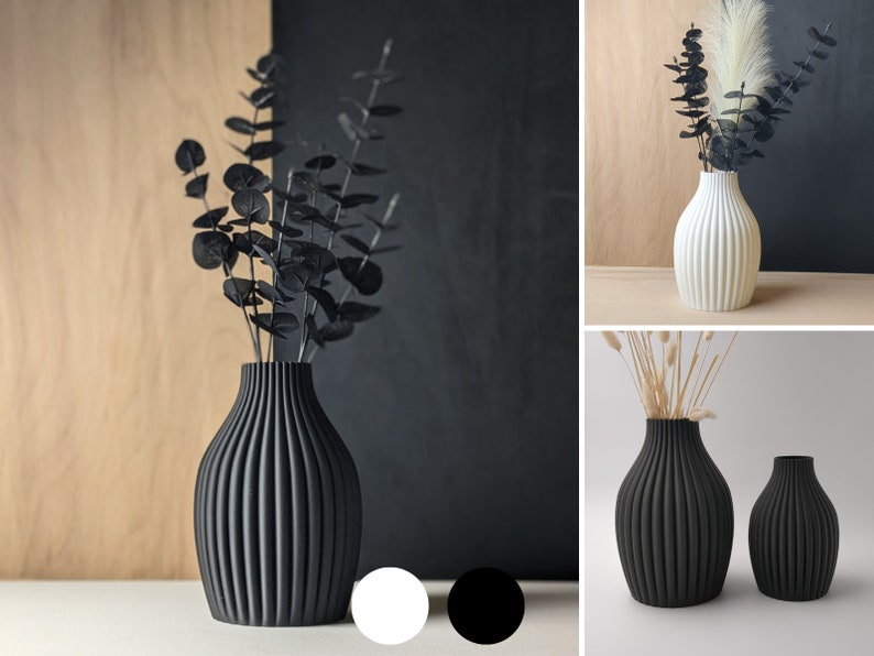 Schwarze Vase, weiße Vase 22cm / 17cm groß modern für Trockenblumen ideales Geschenk. Bobi Vase Bild 1