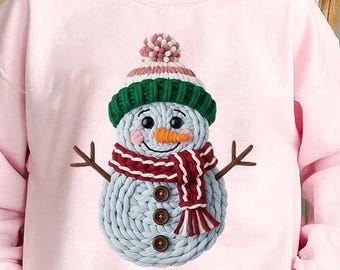 Faux Crochet Snowman Sweatshirt, Cute Christmas Printed Crewneck, Holiday Winter Shirt
