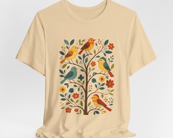 Cottagecore Birds and Flowers Shirt, Scandinavian Folk Art Shirt, Women Shirt, Flower Shirt, Retro Birds Shirt
