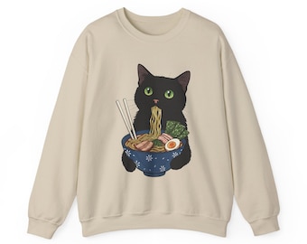 Cat Ramen Sweatshirt, Kawaii Ramen Cat Sweatshirt, Kawaii Kitten Anime Graphic Hoodie, Cute Japanese Food Shirt