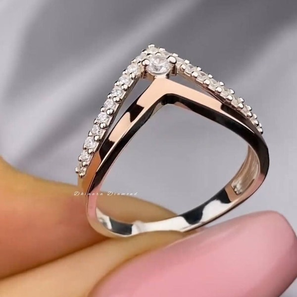 14k Chevron Ring, Solid Gold Curved Wedding Band, V Shaped Ring Enhancer Women, Pave Tiny Moissanite Stacking Ring, Minimal Wishbone Ring
