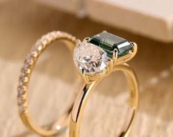 Toi Et Moi Ring, 4 Emerald en Pear Moissanite Bruidsset, Twee Stenen Verlovingsring, Trouwring, Verjaardagscadeau voor vrouwen