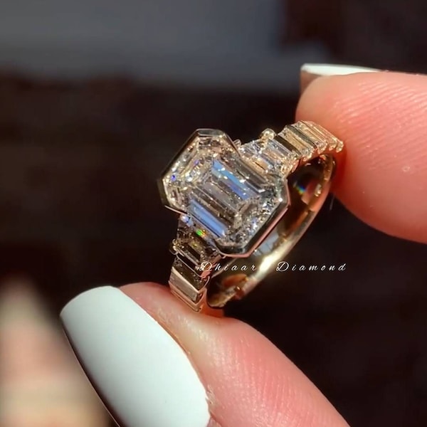 2.00 CT Emerald Cut Moissanite Solitaire Ring Half Bezel Set 14K Solid Gold Engagement Ring Bugget Stone Bar Set Ring Gift For Girlfriend