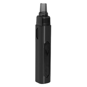 May include: A cylindrical black electronic device featuring a translucent dark grey mouthpiece at the top, a textured side panel, and a vertical control interface on the front body with a central button and two small square buttons below it.