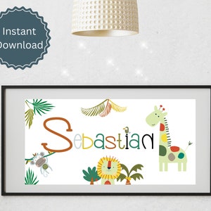Jungle Themed Personalised Nursery Name Wall Art, Nursery Name Print, Nursery Name Wall Art, Jungle Nursery Wall Art, Instant Download