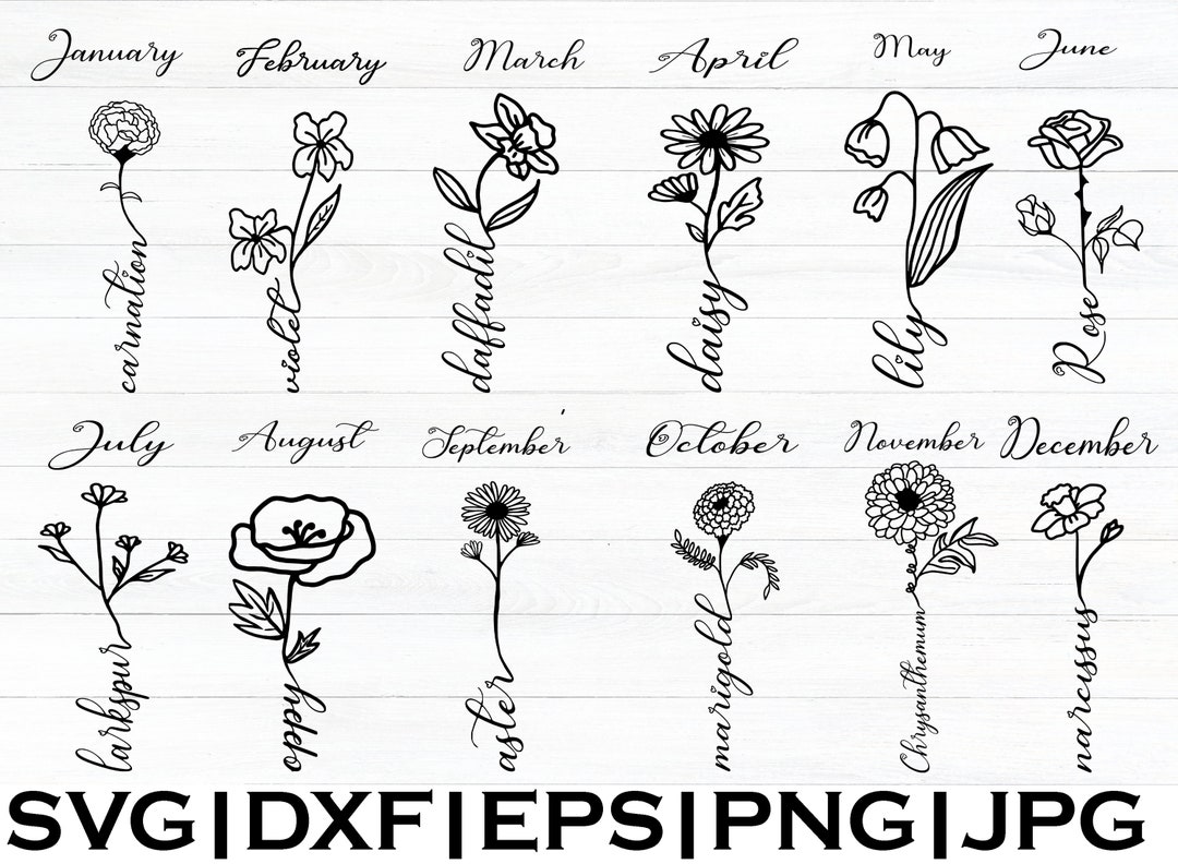 Birth Month Flowers Svg, Birth Flowers Name Svg, Dxf, Png, Jpg, Flower