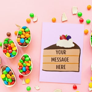 Stück Kuchen mit benutzerdefinierter Nachricht Download Datei Canva Vorlage für Grußkarten und Flyer