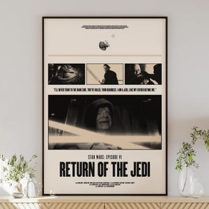 May include: A framed poster for Star Wars: Episode VI - Return of the Jedi. The poster features a sepia-toned design with images from the film and the text "I'LL NEVER TURN TO THE DARK SIDE. YOU'VE FAILED, YOUR HIGHNESS. I AM A JEDI, LIKE MY FATHER BEFORE ME."