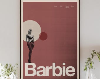 BARBIE movie poster, minimalist wall art, vintage style, retro home decor, digital poster, Margot Robbie, Ryan Gosling