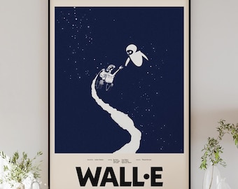 May include: A minimalist poster with a dark blue background featuring a white silhouette of a robot reaching out to a smaller robot. The poster has the title "WALL-E" in bold white letters.