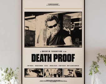 DEATH PROOF Plakat digitaler Download, minimalistische Kunst, Mitte des Jahrhunderts modern, Vintage Stil, Retro Wohnkultur, Quentin Tarantino, Kurt Russel