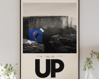 May include: A black and white poster with a minimalist design featuring a large, bold black "UP" text. The poster has a small image of a colorful hot air balloon in the top left corner, and a black and white image of a mountain range in the background.