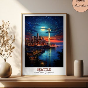 May include: A digital illustration of the Seattle skyline at night with the Space Needle in the foreground. The sky is dark blue with white stars and a full moon. The city lights are reflected in the water.