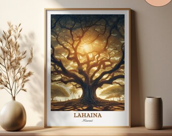 Stampa dell'albero di banyan di Lahaina: poster di viaggio a Maui, Hawaii (download digitale)