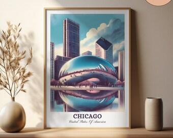 Chicago Travel Poster: The Bean, Cityscape Art Print (Digital Download)