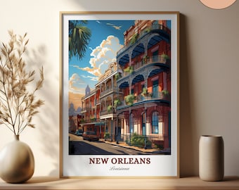 Lámina artística del Barrio Francés de Nueva Orleans: Póster de viaje a Luisiana (Descarga digital)