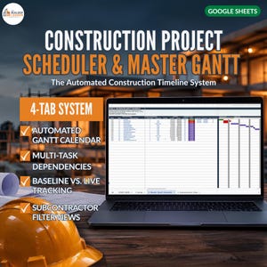 Op de afbeelding: Een laptop met een Google Sheets bouwprojectplanner en master Gantt-grafiek. Het scherm toont een 4-tabbladsysteem met geautomatiseerde Gantt-kalender, taakafhankelijkheden, tracking en filterweergaven. Een oranje veiligheidshelm staat op de voorgrond.
