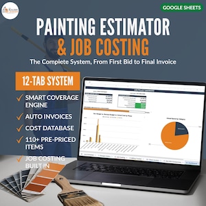 Op de afbeelding: Een digitaal schilder-estimator en kostencalculatiesysteem voor Google Sheets weergegeven op een laptopscherm. De interface toont een live projectdashboard met grafieken, diagrammen en een systeem met 12 tabbladen.
