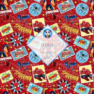 May include: Seamless pattern featuring Spider-Man comic book elements on a red background. Includes Spider-Man figures, comic book sound effects, spiderwebs, and the word "SPIDER-MAN" in yellow. The word "HERO" is also present.