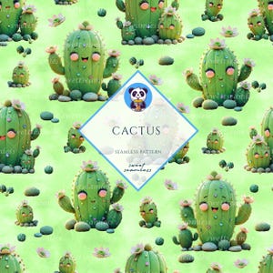 Könnte beinhalten: Ein nahtloses Muster mit Cartoon-Kakteen mit lächelnden Gesichtern, rosa Wangen und kleinen rosa Blüten. Die Kakteen sind grün mit kleinen Armen und befinden sich auf einem hellgrünen Hintergrund mit kleinen Steinen und Blumen. Der Text "CACTUS" befindet sich in der Mitte.