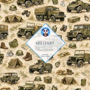 May include: A seamless pattern featuring military-themed illustrations on a beige background. The design includes olive green trucks, jeeps, armoured vehicles, tents, helmets, binoculars, dog tags, compasses, and sandbags scattered throughout.