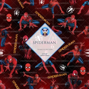 May include: A seamless pattern featuring the superhero Spider-Man in various action poses. The design includes the Spider-Man logo and the words "Spider-Man" in a diamond shape, set against a red background with a grid pattern.