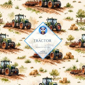 May include: A seamless pattern featuring watercolor illustrations of green tractors with orange wheels, hay bales, and farm fields. A central diamond-shaped overlay displays a panda icon, the text TRACTOR, SEAMLESS PATTERN, and sweet seamless.