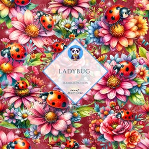 Pode incluir: Um padrão vibrante sem costura com joaninhas vermelhas com manchas pretas espalhadas entre flores coloridas. As flores são em tons de rosa, amarelo e azul, com folhas verdes. O texto "LADYBUG" é exibido em um gráfico em forma de diamante.