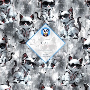 Digitalt papper med sömlösa katter, upprepad kakelbakgrund, utskrivbart tygmönster, scrapbookingpapperspaket, direktnedladdning