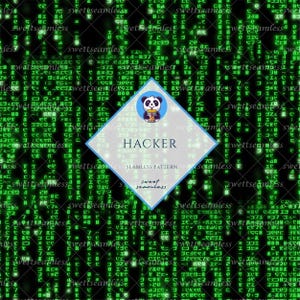 Puede incluir: Patrón digital sin costuras con un diseño estilo matriz en verde sobre negro. Un diamante central presenta una ilustración de panda y la palabra "HACKER". El patrón incluye el texto "sweet seamless".