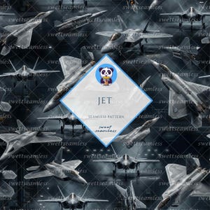 Puede incluir: Patrón sin costuras con varios aviones de combate grises en vuelo. El diseño incluye la palabra "JET" en un rombo azul, junto con el texto "SEAMLESS PATTERN". El fondo es oscuro y ahumado.