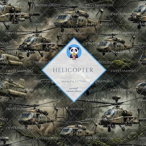 Può includere: Un motivo senza cuciture con più elicotteri militari in tonalità verdi, marroni e beige, su uno sfondo di fogliame e un cielo nuvoloso. Il design include la parola "HELICOPTER" a forma di diamante.