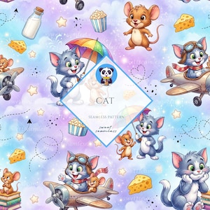 Pode incluir: Padrão sem costura com gatos de desenho animado, ratos, aviões, pipocas, queijo e estrelas em um fundo pastel. A palavra "CAT" é exibida em forma de diamante, com as palavras "seamless pattern" e "sweet seamless" abaixo.