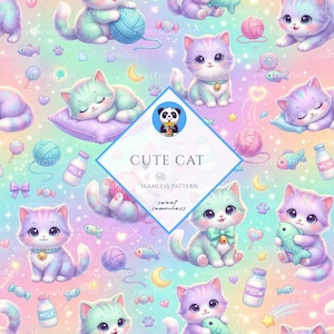 Może przedstawiać: Bezszwowy wzór z uroczymi kreskówkowymi kotami w pastelowych kolorach. Koty przedstawione są z dużymi oczami i zabawnymi pozami, otoczone kulkami wełny, rybami, butelkami mleka i słodyczami. Tekst "CUTE CAT" jest wyświetlany pośrodku.