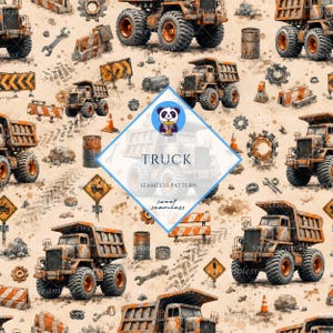 May include: A seamless pattern featuring rusty orange dump trucks, construction barriers, metal gears, wrenches, traffic cones, and barrels on a light beige background. A central diamond-shaped label displays a panda icon and the text TRUCK.