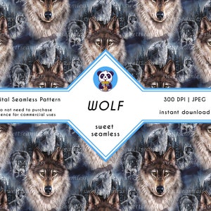 May include: Digital seamless pattern featuring detailed wolf faces and forest scenes in shades of brown, gray, and white. The word "WOLF" is displayed in a bold font, along with other text. This design is suitable for various applications.