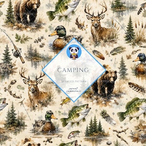 May include: Watercolor seamless pattern featuring camping elements. The design includes bears, deer, ducks, fish, fishing rods, and trees. The word "CAMPING" is displayed in a blue diamond shape. The overall color palette is earthy tones.