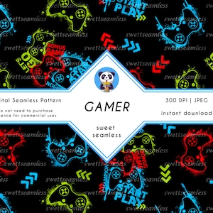 May include: A digital seamless pattern featuring a black background with colorful controller graphics in red, blue, and green. The word "GAMER" is displayed in large white letters. Additional text includes "Digital Seamless Pattern" and "instant download".