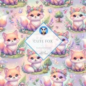 Könnte beinhalten: Ein nahtloses Muster mit entzückenden Cartoon-Füchsen mit Blumenkränzen, Schmetterlingen und Pilzen. Die Füchse haben große Augen und flauschige Schwänze, vor einem pastellfarbenen Hintergrund. Der Text "CUTE FOX" und "nahtloses Muster" ist sichtbar.