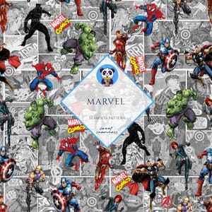 Puede incluir: Patrón sin costuras con personajes de cómics de Marvel, como Spider-Man, Hulk y Capitán América, sobre un fondo de cómic en blanco y negro. El diseño incluye la palabra "MARVEL" y "COMICS".